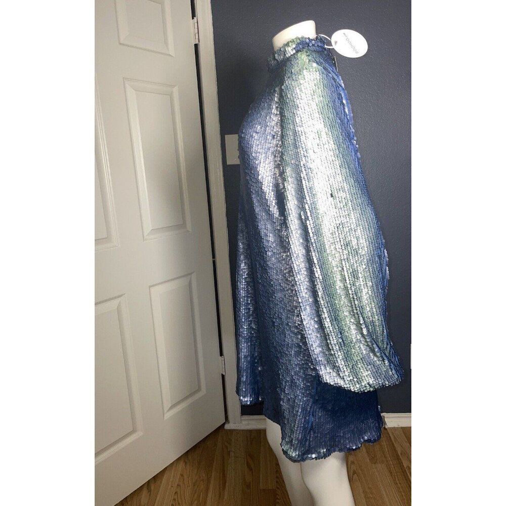 Boohoo Sequin High Neck Cut Out Smock Dress Size 10 Blue Sparkly Mini - Picture 5 of 12
